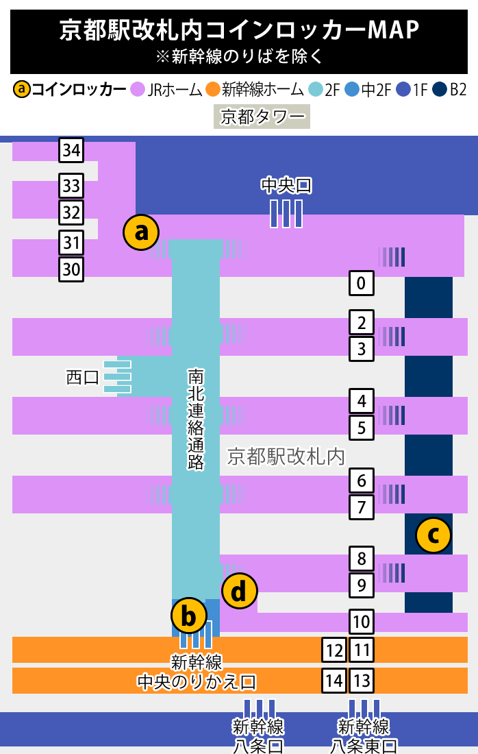 JR京都駅改札内コインロッカーmap　※新幹線のりばを除く