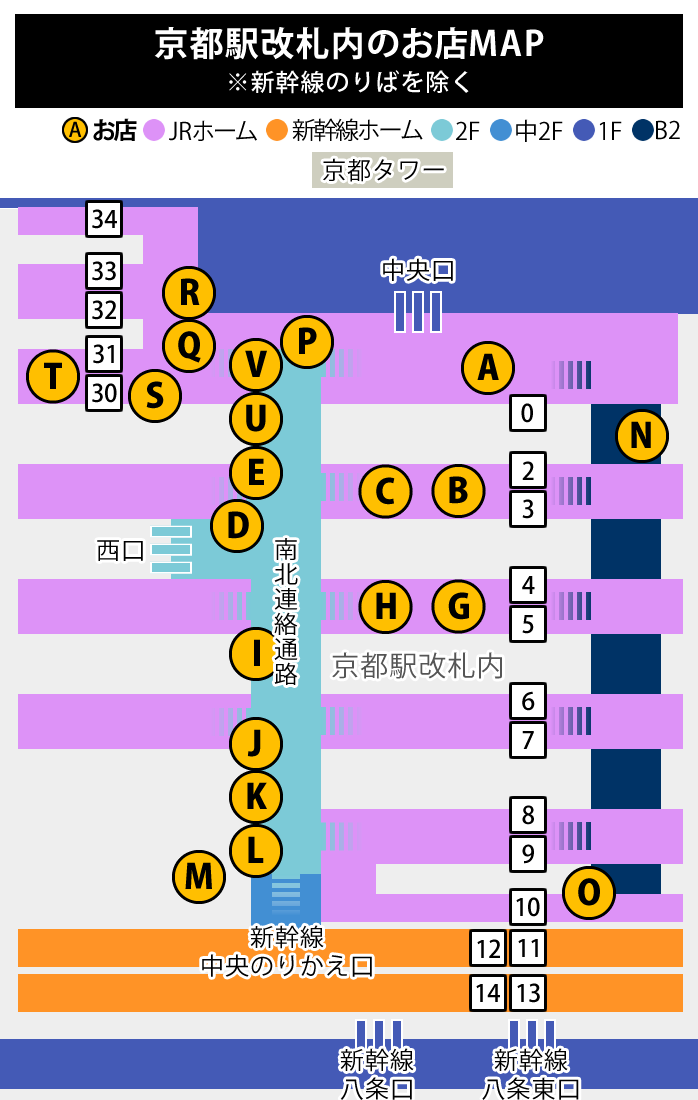 JR京都駅改札内のお店map　※新幹線のりばを除く